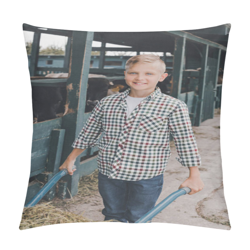 Personality  Boy Pushing Wheelbarrow With Grass And Smiling At Camera In Cowshed  Pillow Covers