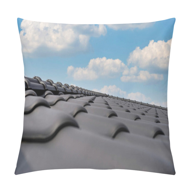 Personality  Ridge Tile On The Roof Of A Single-family House Covered With A New Ceramic Tile In Anthracite Against The Blue Sky. Pillow Covers