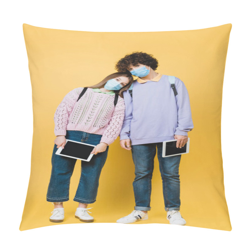 Personality  Teenagers In Medical Masks Holding Digital Tablets On Yellow Background Pillow Covers