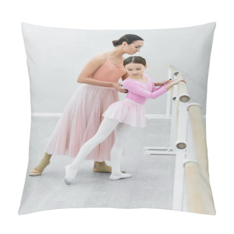 Personality  Full Length View Of Young Ballerina Assisting Preteen Girl Training In Studio Pillow Covers