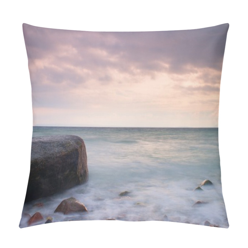 Personality  Romantic Atmosphere In Peaceful Morning At Sea. Big Boulders Sticking Out From Smooth Wavy Sea. Pink Horizon Pillow Covers