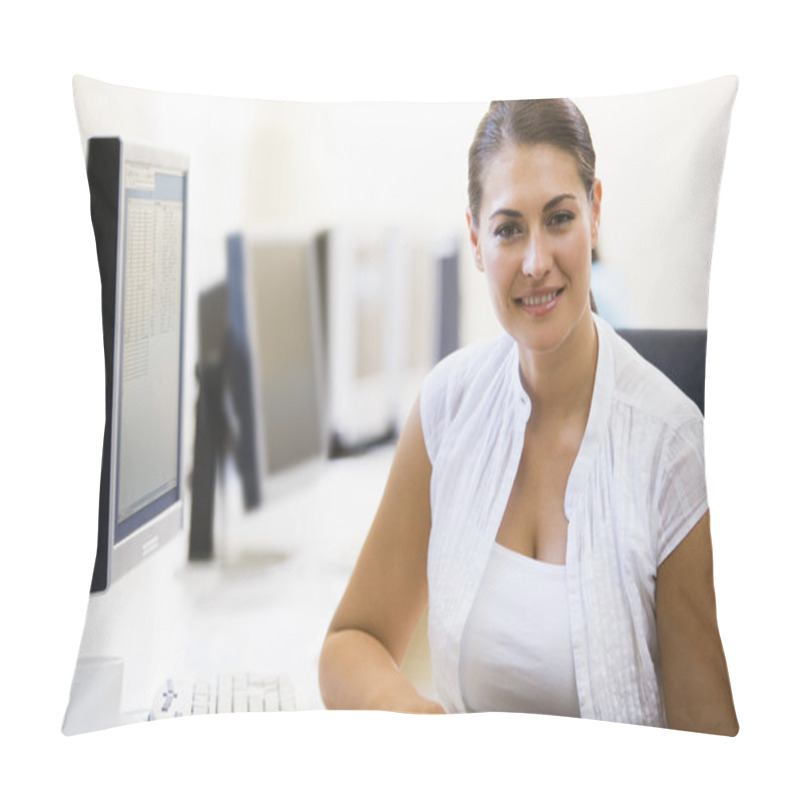 Personality  Woman Sitting In Computer Room Smiling Pillow Covers