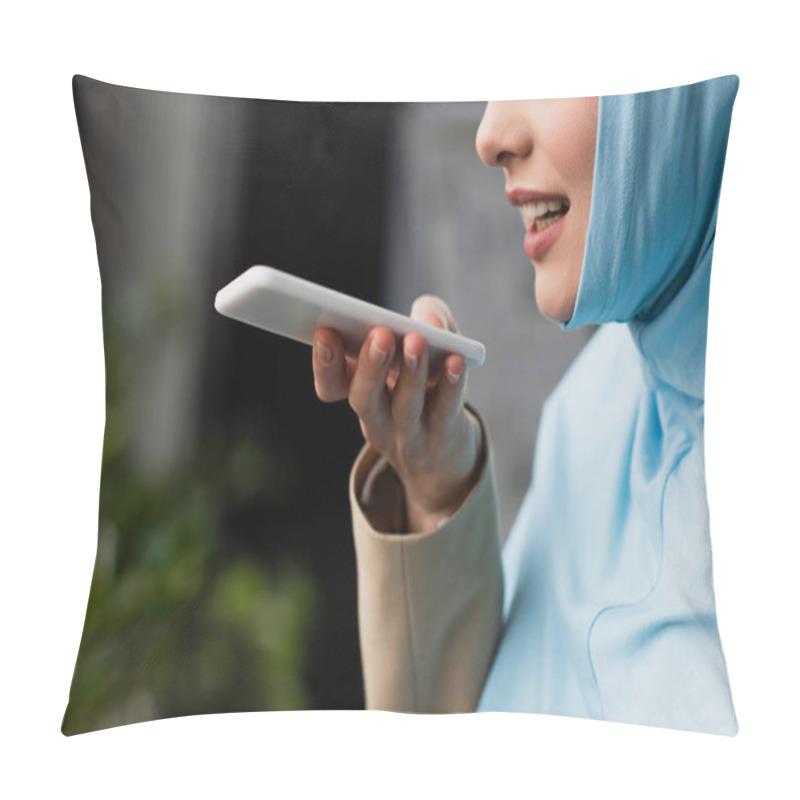 Personality  Partial View Of Muslim Businesswoman Sending Voice Message On Mobile Phone Pillow Covers