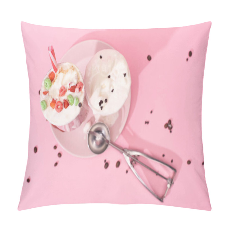 Personality  Top View Of Strawberry Milkshakes And Scoop On Plate With Coffee Grains On Pink  Pillow Covers