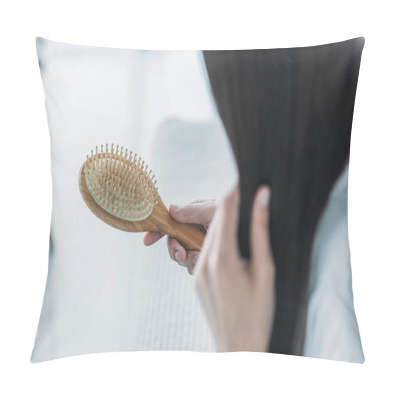 Personality  Cropped Shot Of Young Brunette Woman Holding Hairbrush, Hair Loss Concept Pillow Covers