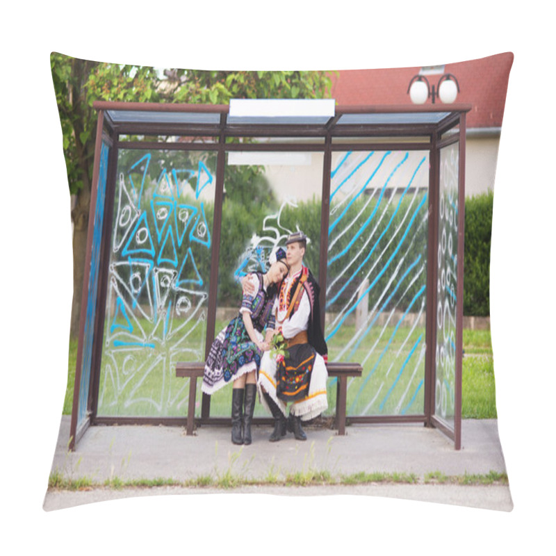 Personality  Couple Sitting At Bus Stop. Pillow Covers