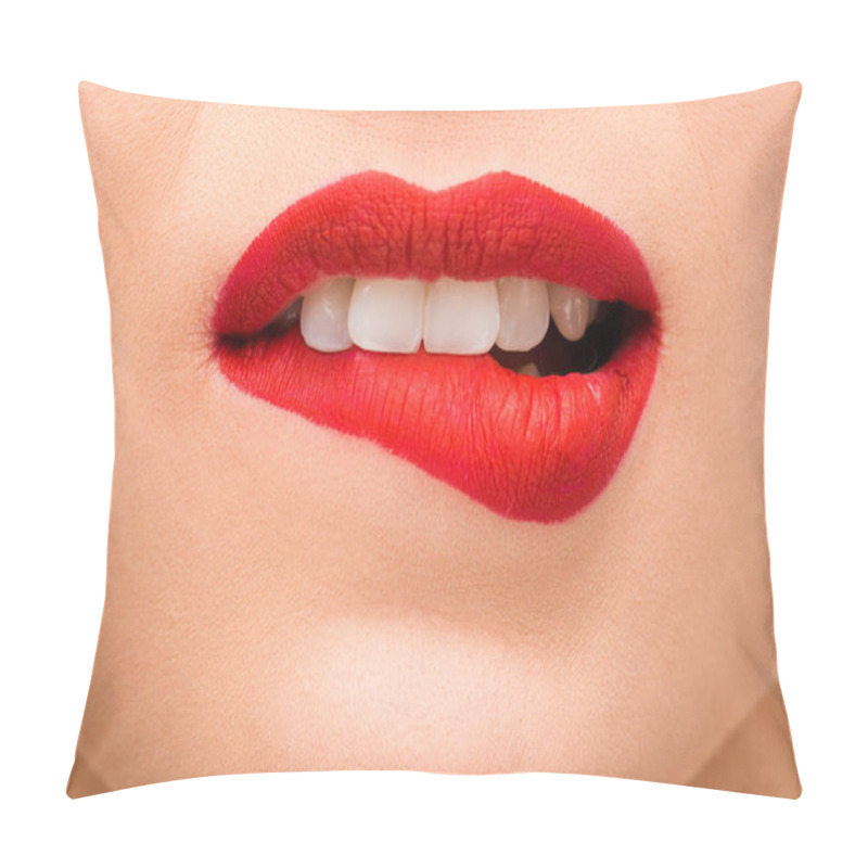 Personality  Cropped View Of Sexy Young Woman With Red Lipstick Biting Lips  Pillow Covers