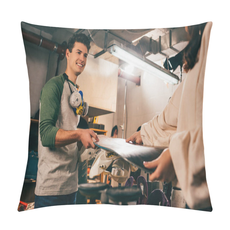 Personality  Cropped View Of Woman Giving Snowboard To Smiling Worker In Repair Shop  Pillow Covers