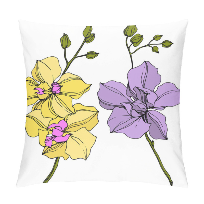 Personality  Vector Yellow And Violet Orchid Flowers Isolated On White. Engraved Ink Art.  Pillow Covers