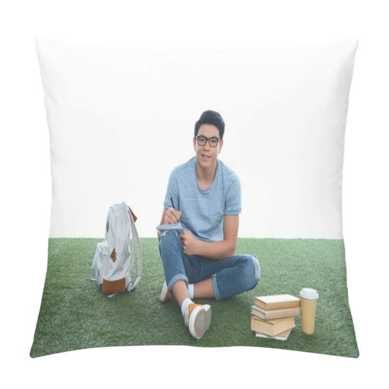 Personality  Teen Asian Student Boy Studying While Sitting On Grass Isolated On White Pillow Covers