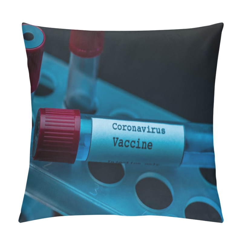 Personality  Test Tube Rack With Coronavirus Vaccine On Dark Background Pillow Covers