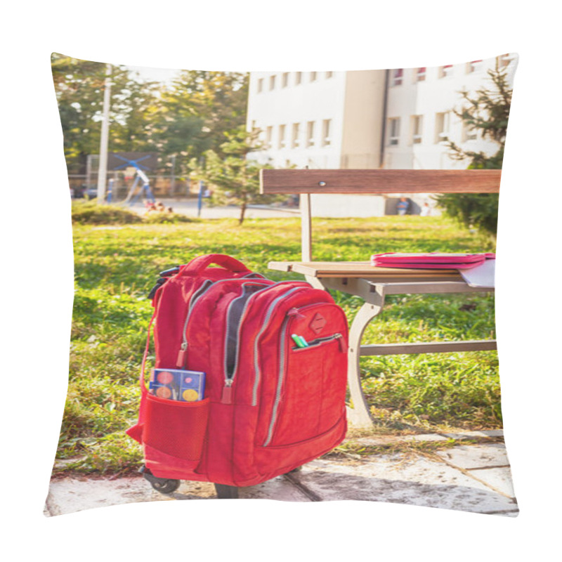 Personality  Modern Red Weightless School Bag By The Bench On The Schoolyard Pillow Covers