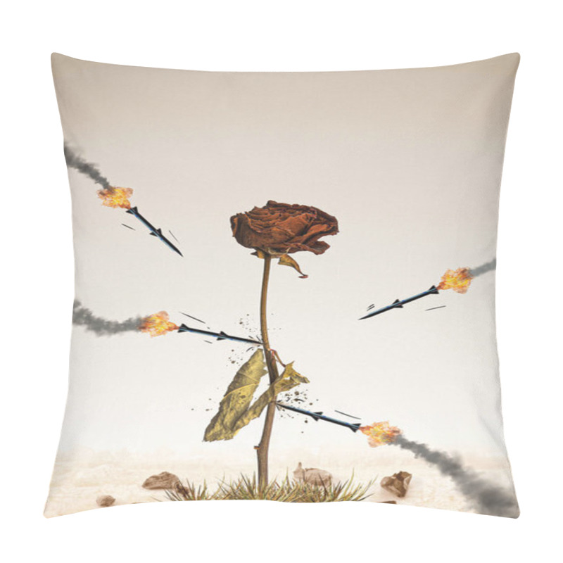 Personality  Missiles Are Aimed At The Stem Of The Rose. Damages To Nature. Abstract Depiction Of War. Genocide. War Of Mass Destruction. War Crimes. Guilty Of Humanity. Massacre. Photo Manipulation.  Pillow Covers