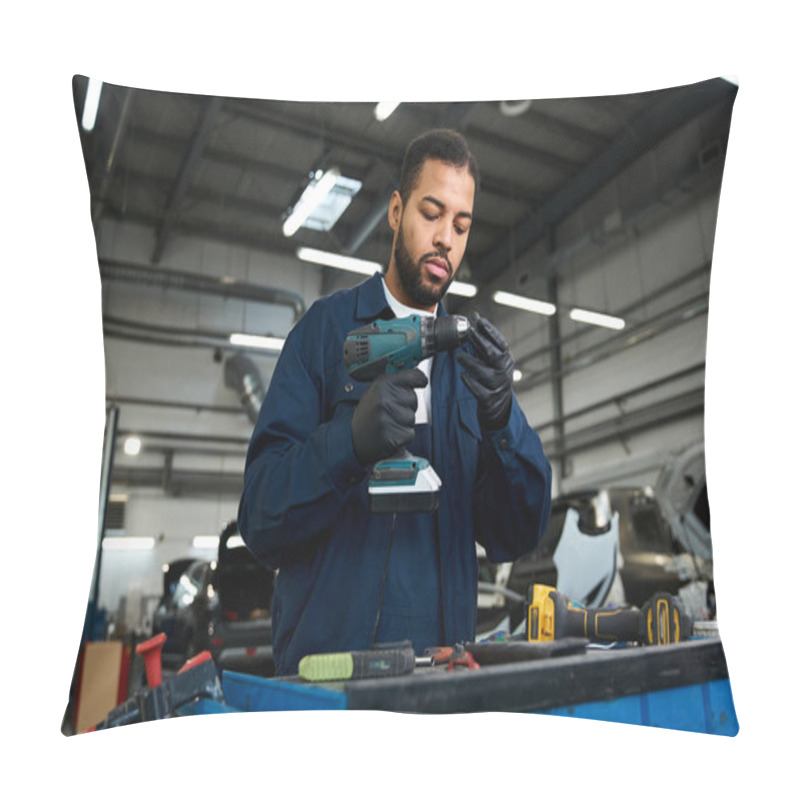 Personality  Dedicated Young Mechanic Focuses Intently On Fixing Tools In A Vibrant Garage Setting Pillow Covers