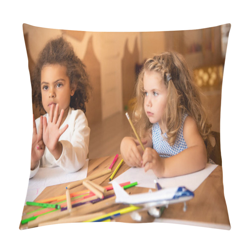 Personality  African American Kid Showing Number Nine With Fingers In Kindergarten Pillow Covers