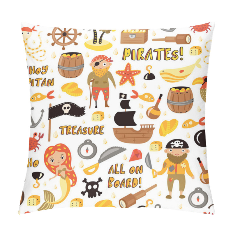 Personality  Pirates Vector Cartoon Seamless Pattern. Adventures And Pirate Party Background For Kindergarten. Children Adventure, Treasure, Pirates, Octopus, Whale, Ship - Kids Drawing Vector Cartoon Endless Pillow Covers