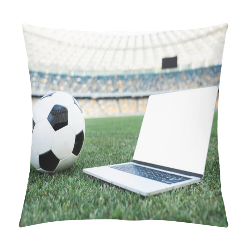 Personality  Soccer Ball And Laptop With Blank Screen On Grassy Football Pitch At Stadium Pillow Covers