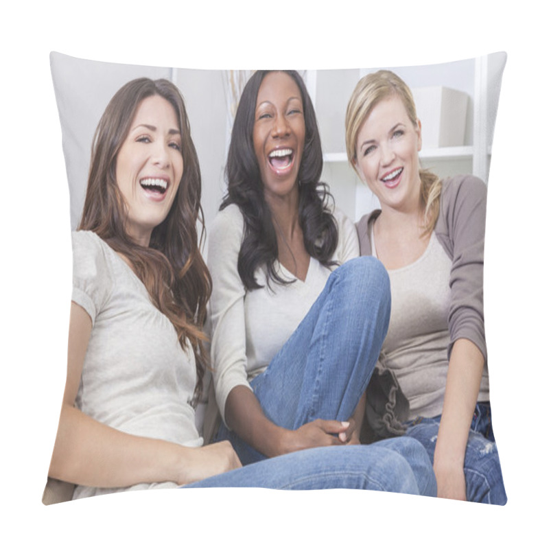 Personality  Interracial Group Of Three Beautiful Women Friends Laughing Pillow Covers