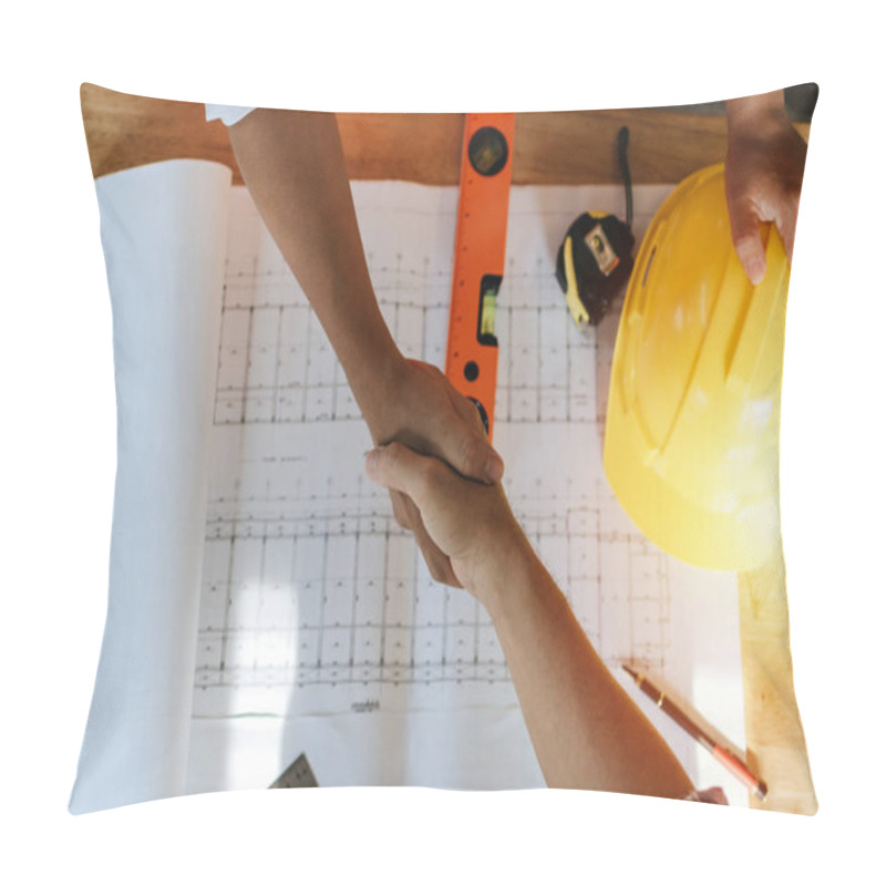 Personality  Top View Construction Worker Team Contractor Hand Shake After Finishing Up Business Meeting To Greeting Start Up Project Contract In Construction Site Building, Teamwork, Partnership, Industry Concept Pillow Covers