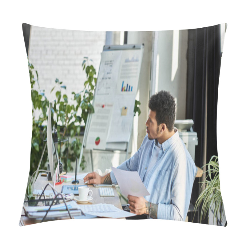 Personality  Handsome Man Analyzes Data On A Computer While Surrounded By Greenery In A Bright Office Space. Pillow Covers