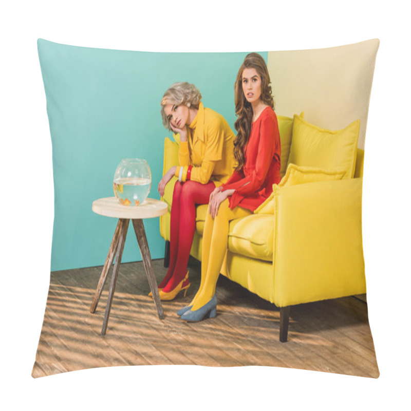 Personality  Retro Styled Women Sitting On Yellow Sofa With Aquarium Fish On Coffee Table At Colorful Apartment, Doll House Concept Pillow Covers