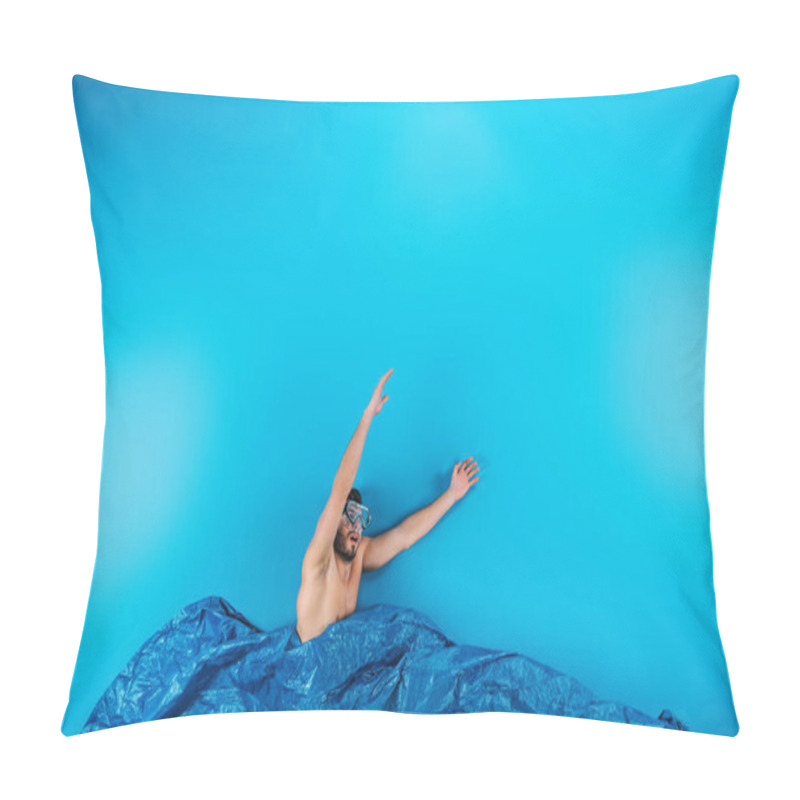 Personality  Young Man In Swimming Mask Raising Hands From Imagine Waves On Blue Pillow Covers