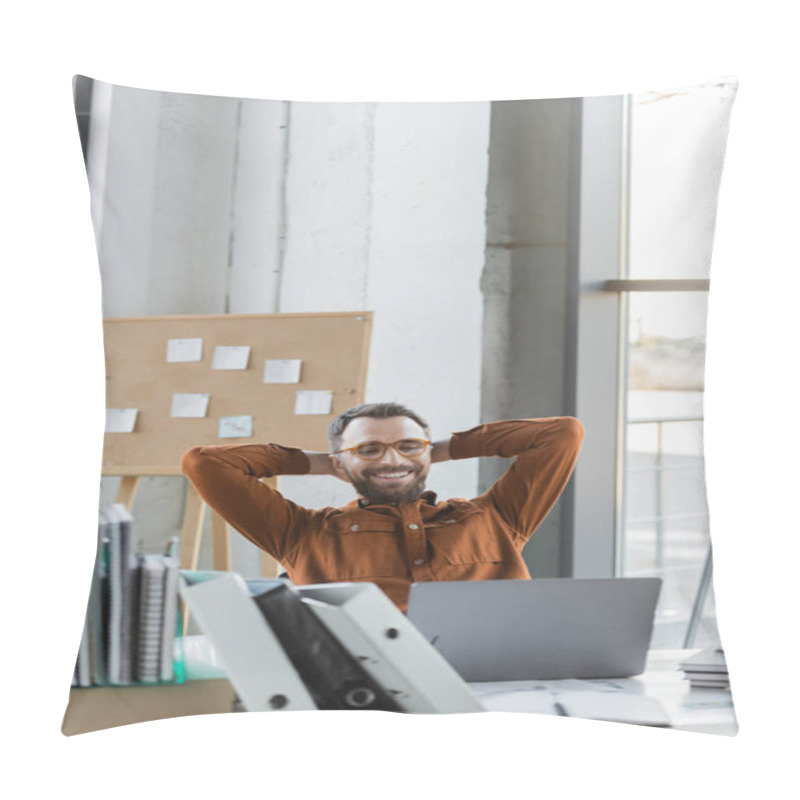 Personality  Successful And Joyful Businessman In Shirt And Eyeglasses Sitting With Hands Behind Head In Front Of Laptop, Folders, Notebooks And Corkboard With Sticky Notes On Background Pillow Covers