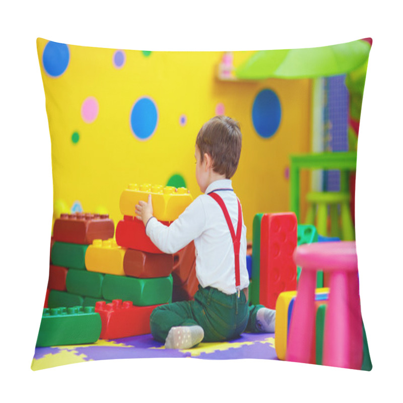 Personality  Happy Kid Playing With Toy Blocks In Kindergarten Pillow Covers