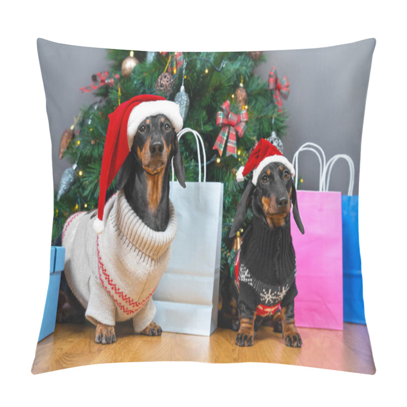 Personality  Two Cute Dachshund Dogs In Knitted Sweaters And Santa Hats Are Sitting By Decorated Christmas Tree, Gifts In Colorful Boxes And Paper Bags Are Placed Around. Preparation For Celebration Of Holiday Pillow Covers