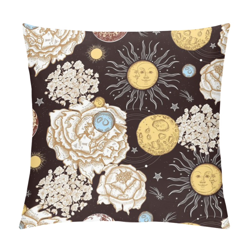 Personality  Seamless Pattern. Faces Of The Sun And Moon. Planets, Flowers And Stars. Space. Engraving Style. Pillow Covers