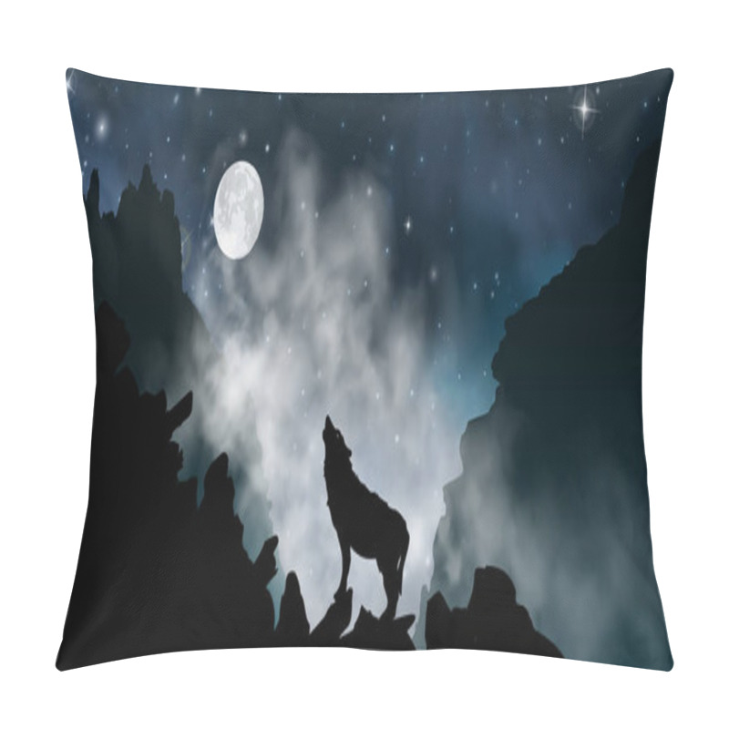 Personality  Silhouette Of The Wolf Howling At The Moon At Night In Front Of The Mountains Inside The Mist Clouds. Vector Illustration Of The Rock Landscape Pillow Covers