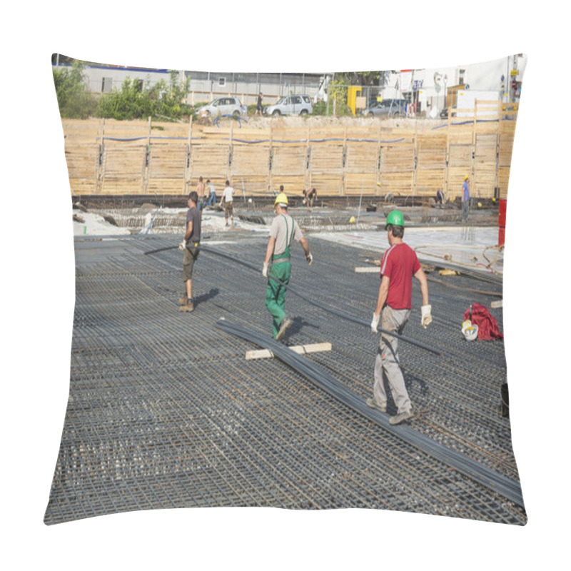 Personality  Workers Do The Steel Bars Construction At The Building Site Pillow Covers