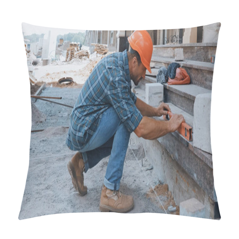 Personality  Builder Measuring Ground With Building Level On Construction Site Pillow Covers