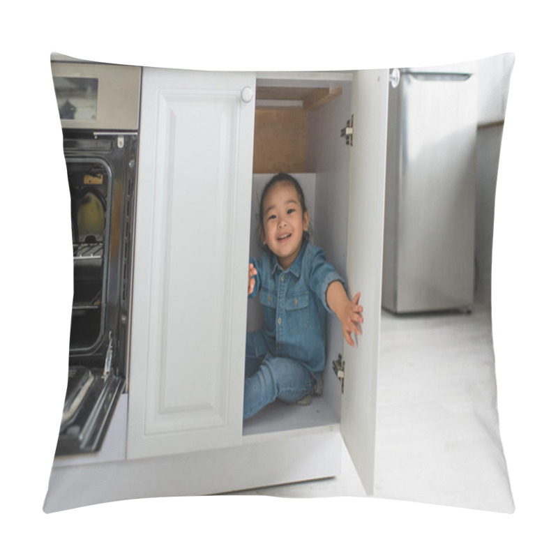 Personality  Smiling Asian Girl Looking At Camera From Kitchen Cabinet  Pillow Covers