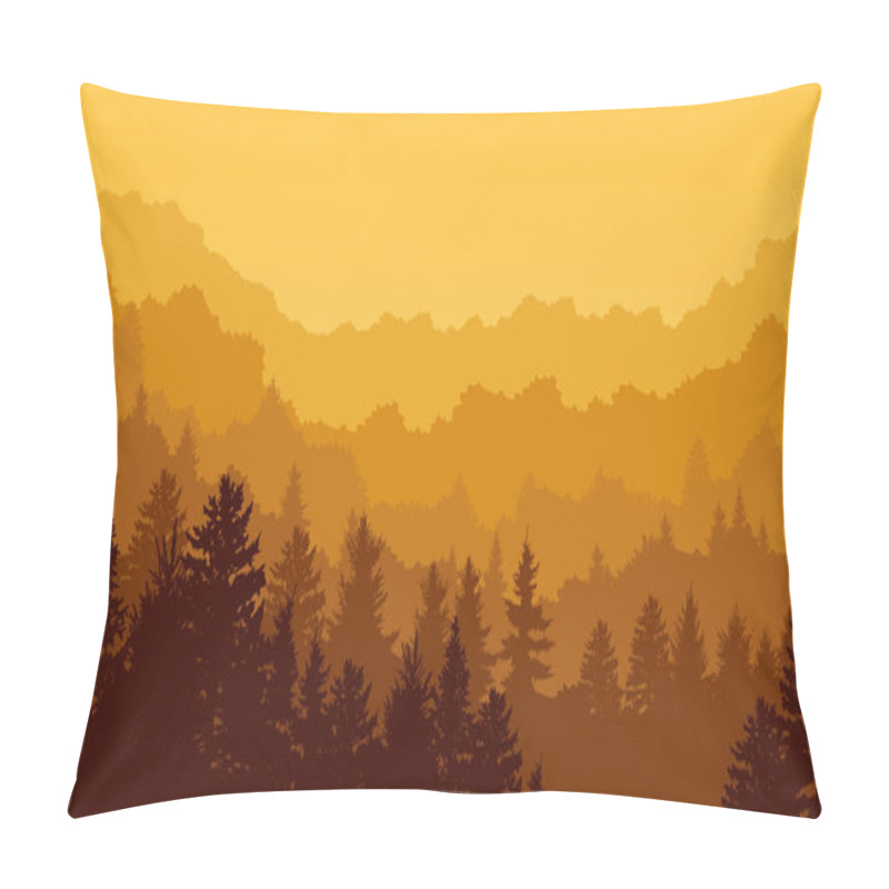 Personality  Wild Sunset Panorama. Forest Trees, Foggy Hiking Landscape With Aerial Perspective Effect Vector Background Illustration Of Panorama Silhouette Forest, Mountains Foggy Nature Pillow Covers