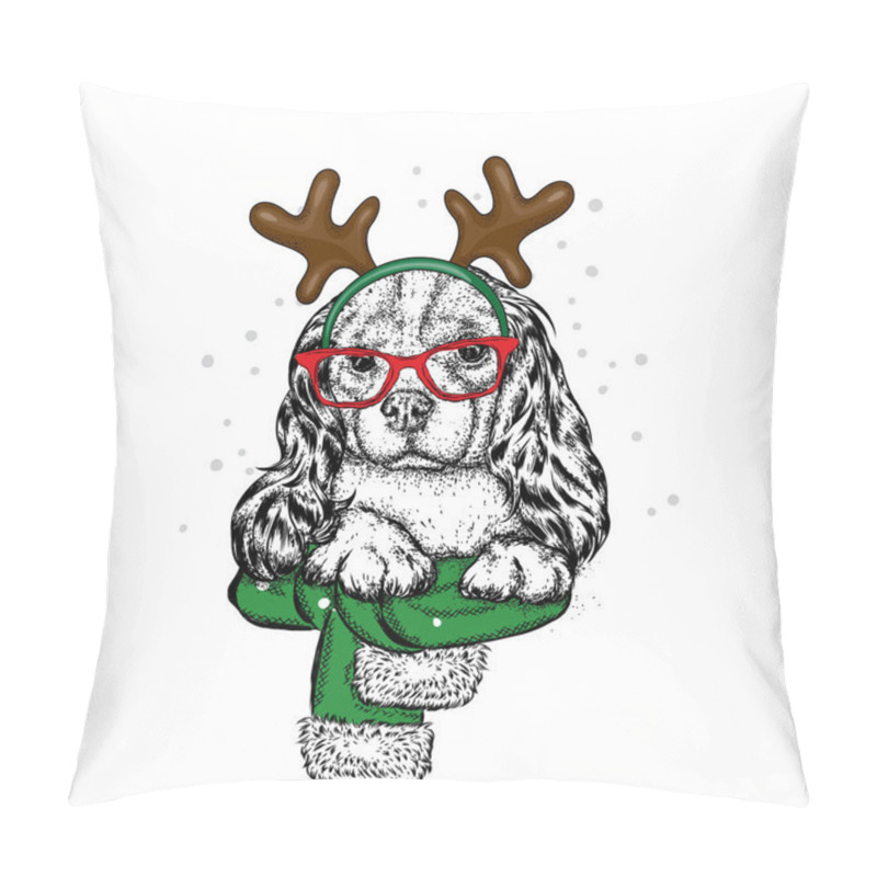 Personality  A Sweet Little Dog With Glasses, A Scarf With Horns On His Head. New Year Costume. Vector Illustration For A Postcard Or A Poster. New Year's And Christmas. Beautiful Spaniel. Purebred Puppy. Pillow Covers