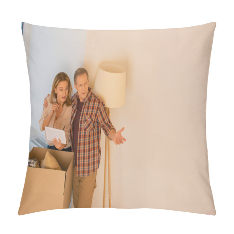 Personality  Wife Holding Digital Tablet And Husband Pointing Hand While Standing Near Cardboard Box Pillow Covers