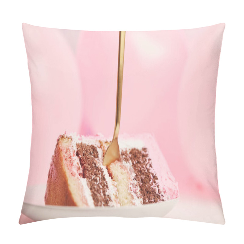 Personality  Selective Focus Of Tasty Piece Of Birthday Cake With Golden Fork In White Saucer Near Pink Air Balloons  Pillow Covers