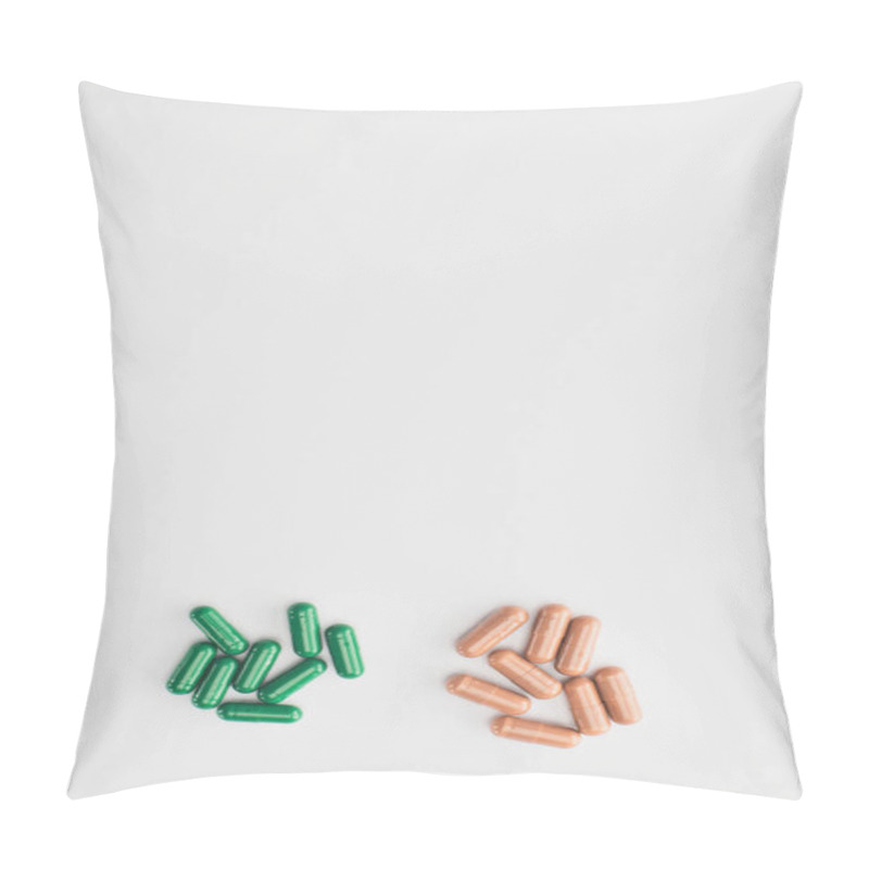 Personality  Top View Of Brown And Green Capsules On White Background  Pillow Covers