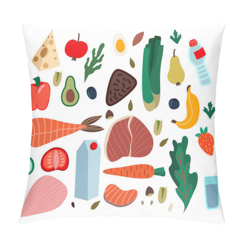 Personality  Set Of Healthy Food Such As Meal, Vegetables And Fruits. Vector Cartoon Flat Illustration. Pillow Covers