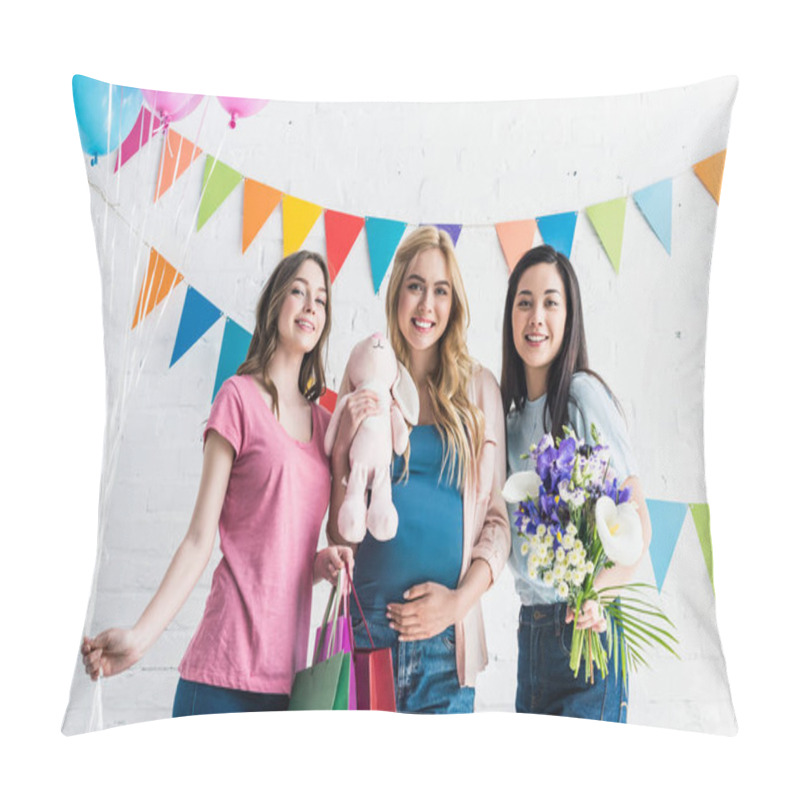 Personality  Happy Multicultural Friends And Pregnant Woman Standing With Presents At Baby-party Pillow Covers