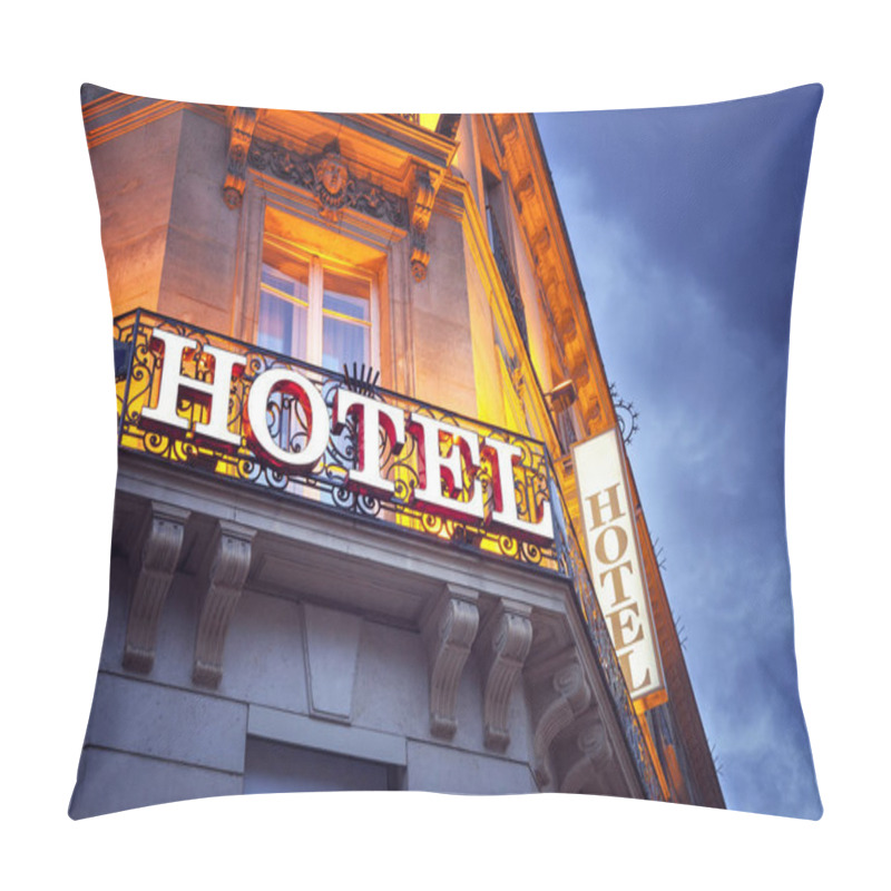 Personality  Illuminated Hotel Sign In Paris At Night Concept For Vacation Accomodation And Business Travel Pillow Covers