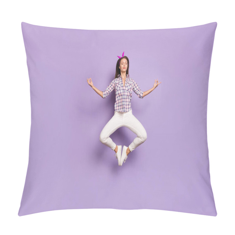 Personality  Full Length Body Size View Of Her She Nice Attractive Lovely Sweet Serene Calm Girl Jumping Meditating Asana Pose Position Isolated Over Violet Purple Lilac Pastel Color Background Pillow Covers