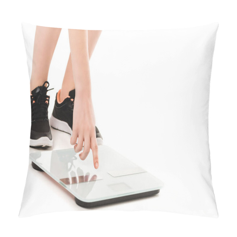 Personality  Cropped Shot Of Woman Pointing At Scales Isolated On White Pillow Covers