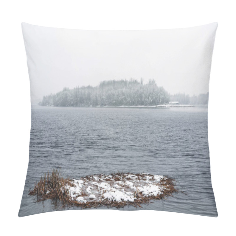 Personality  View Of The Dnieper River During A Cold And Snowy Winter Day. The Sky Is Covered By Clouds And Snow Flakes Fall Softly On The Trees And On The Ground Pillow Covers