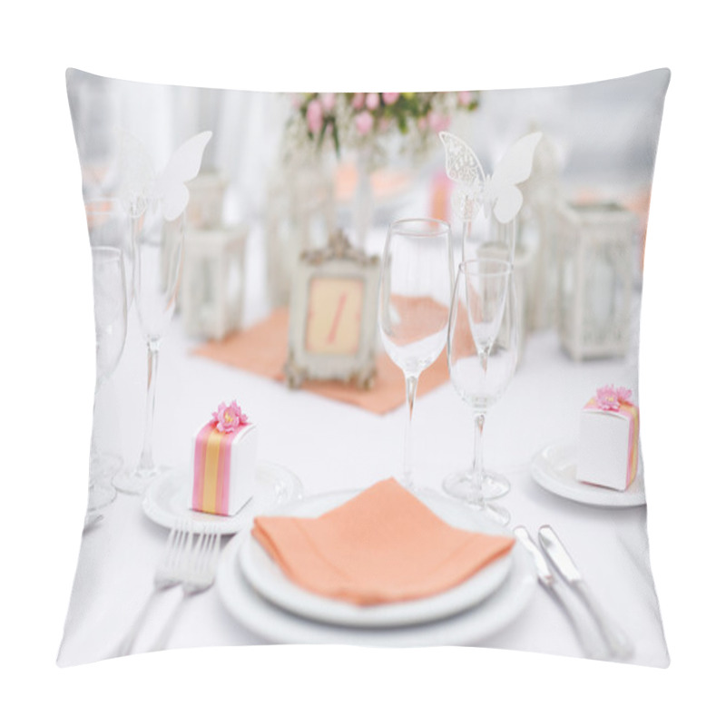 Personality  Table Set For An Event Party Or Wedding Reception Pillow Covers