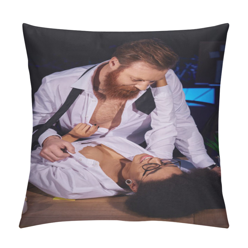 Personality  Bearded Businessman Undressing Happy African American Woman On Work Desk In Night Office, Seduction Pillow Covers