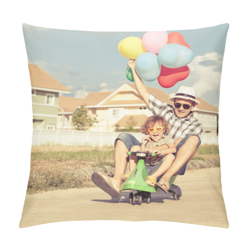 Personality  Father And Son Playing Near A House At The Day Time Pillow Covers