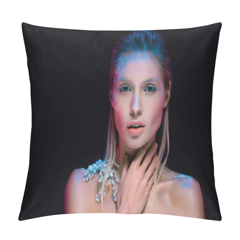 Personality  Beautiful Winter Queen Touching Neck And Looking At Camera Isolated On Black Pillow Covers