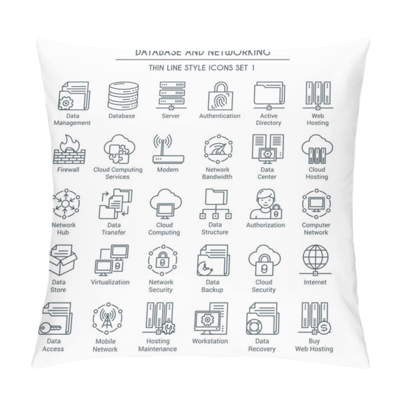 Personality  Database And Networking Icons Set. Modern Icons On Theme Storage, Analysis, Organization, Synchronization And Data Transfer. Thin Line Design Icons Collection. Vector Illustration Pillow Covers